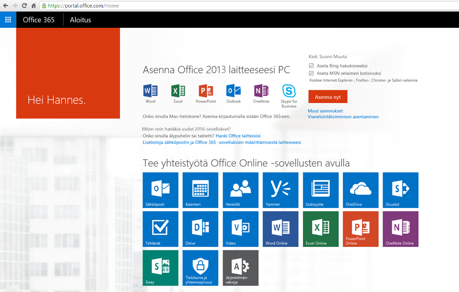 Näyttökuva Office 365:n asentamisesta tietokoneeseen.