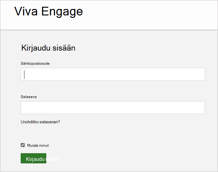Näyttökuvassa näkyy näyttö, jossa kirjoitat Viva Engage-tiliisi liitetyn sähköpostiosoitteen ja salasanan.