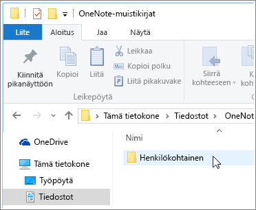 Näyttökuva Windowsin Asiakirjat-kansiosta, jossa on OneNote-muistikirja näkyvissä.
