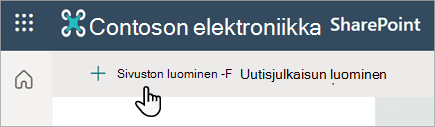 Näyttökuva, jossa näkyy Luo sivusto -komento SharePoint Onlinessa.