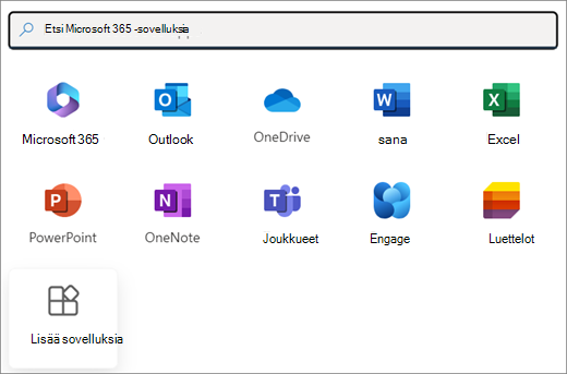 Valikoima Microsoft 365 -sovelluksia. Viimeinen ruutu on Lisää sovelluksia.