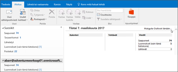 Näyttökuva Outlookin Outlookin Tänään-näkymästä, jossa näkyy postilaatikon omistajan nimi, nykyinen päivä ja päivämäärä sekä päivän kalenteri, tehtävät ja viestit.