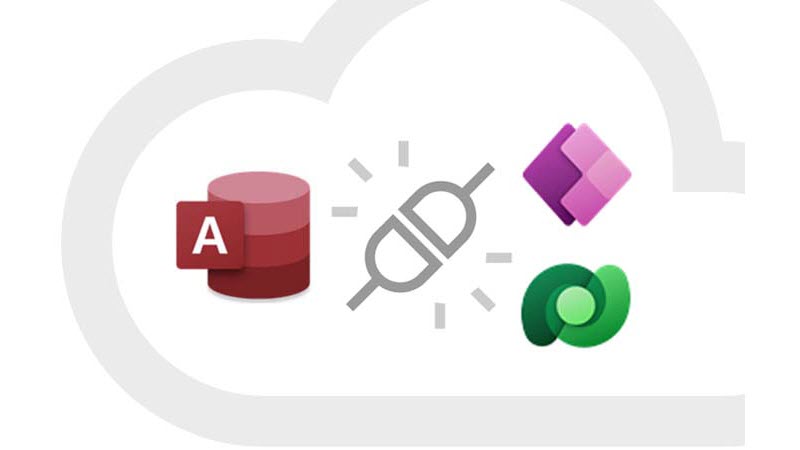 Kuva, jossa näkyvät Access-, PowerApps- ja Dataverse-logot