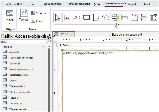 Microsoft Accessin Lomakkeen rakennenäkymä -valintanauhan välilehdessä napsautetaan Edge-selainohjausobjekti-painiketta