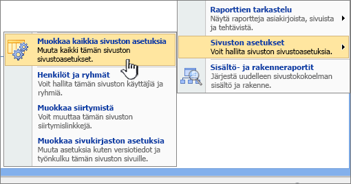 Muokkaa kaikkia sivuston asetuksia -vaihtoehto sivuston asetuksissa