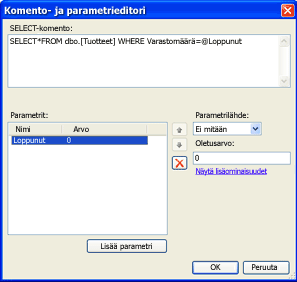 Komento- ja parametrieditori, johon on kirjoitettu parametrin sisältävä SQL-lause