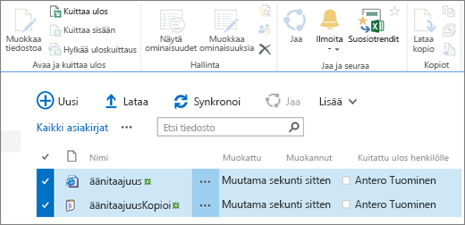 Valintanauhan muokkausosa, jossa kaksi kohdetta on valittuna luettelosta