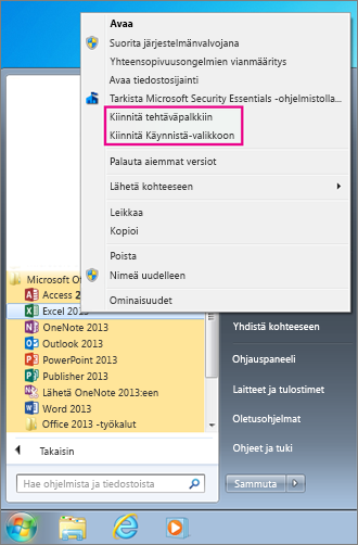 Office-sovelluksen kiinnittäminen Aloitus-valikkoon tai tehtäväpalkkiin Windows 7:ssä