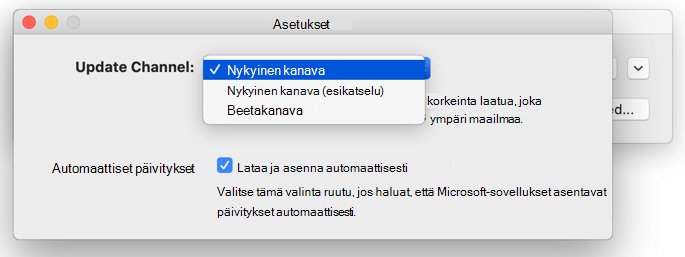 Kuva Macin Microsoft automaattinen päivitys -palvelusta -> Asetukset-ikkuna, jossa näkyy päivityskanavavaihtoehdot.