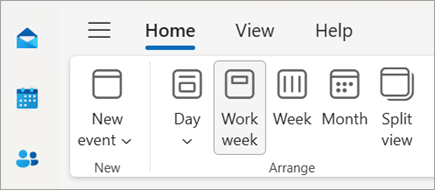 Näyttökuva uuden Outlookin valintanauhasta, jossa on kalenterinäkymän muuttamiseen liittyviä valintoja