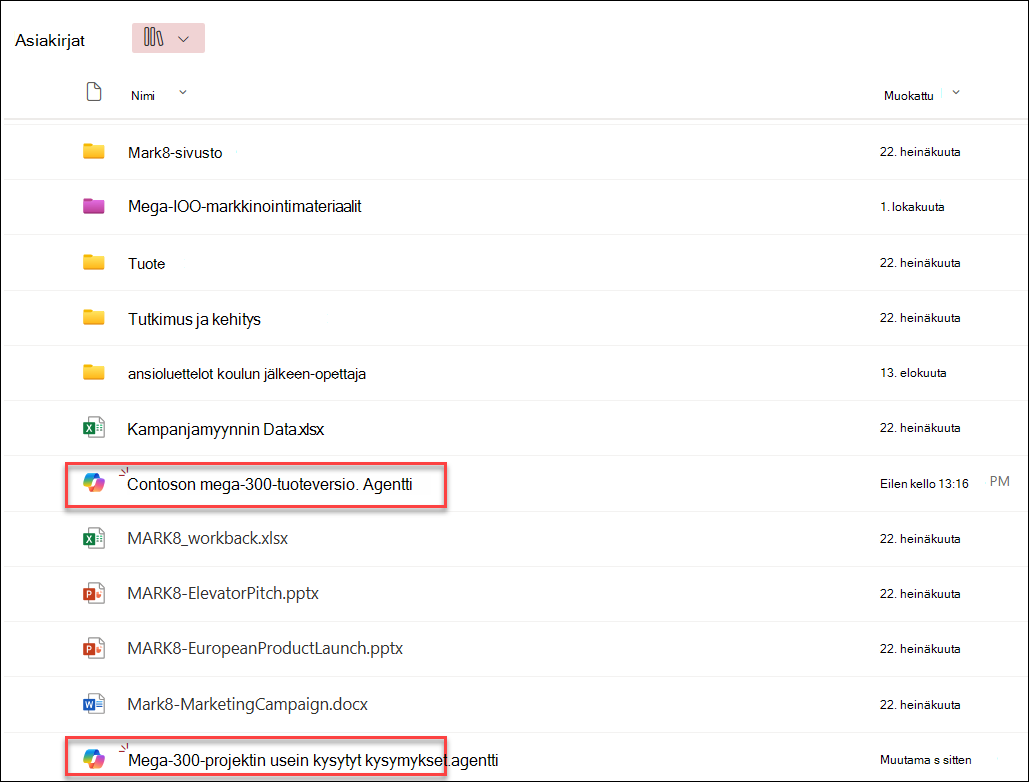 näyttökuva Copilot-agenteista, jotka on tallennettu nykyiseen tiedostokirjastokansioon
