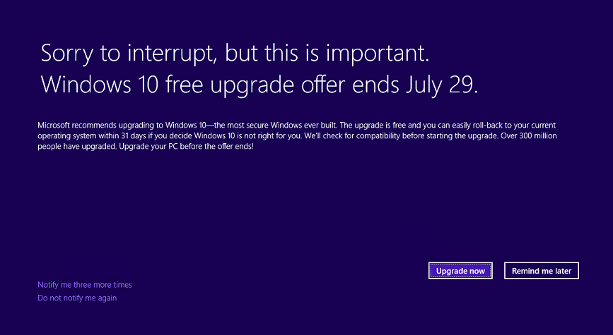 Windows 10 maksuton päivitystarjous päättyy 29. heinäkuuta.