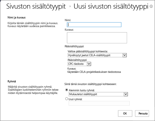 Sisältötyyppien luontivalintaikkuna