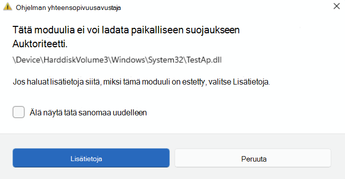 Ilmoitus käynnistyy, kun LSA-suojaus estää tiedoston lataamisen.