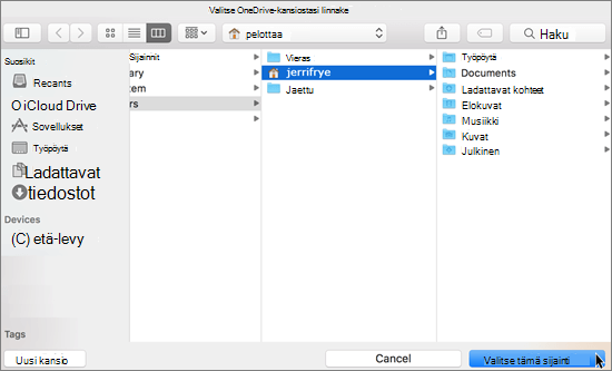 Näyttökuva kansion sijainnin valitsemisesta ohjatussa Tervetuloa OneDriveen -toiminnossa Mac-tietokoneessa