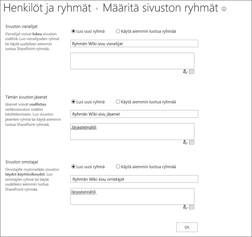 Sivuston ryhmien määrittämisen valintaikkuna