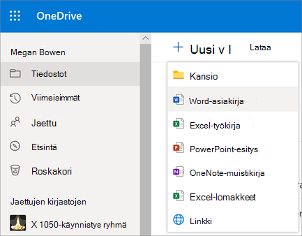 Uuden tiedoston tai kansion valikko OneDrive for Businessissa