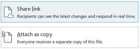 Outlookin asetukset tiedoston lähettämiseen kopiona tai linkin jakamiseen OneDriveen.