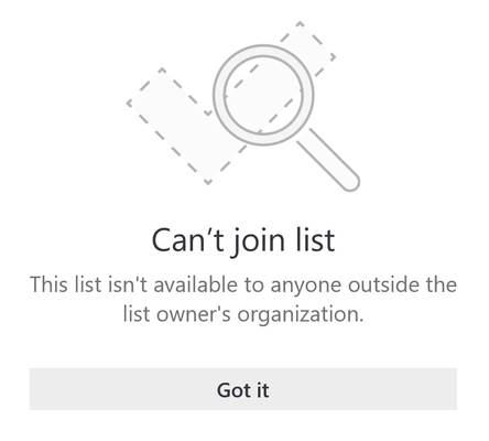 Luettelon jakamisen virhesanoma Microsoft To Dolta, jossa lukee "Ei voi liittyä luetteloon. Tämä luettelo ei ole kenenkään luettelon omistajan organisaation ulkopuolisen käytettävissä."