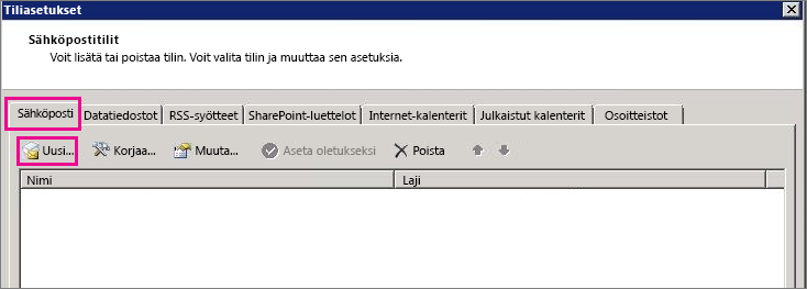 Näyttökuva Sähköposti-välilehden Tilin asetukset -valintaikkunasta.