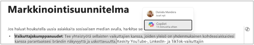 Näyttökuva, jossa näkyy Copilotin luoma teksti, mukaan lukien sisällön lisäysaika