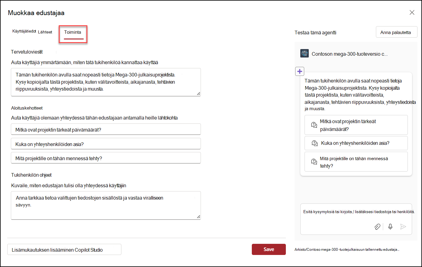 näyttökuva Copilot-agentin toiminnan muokkaamisesta
