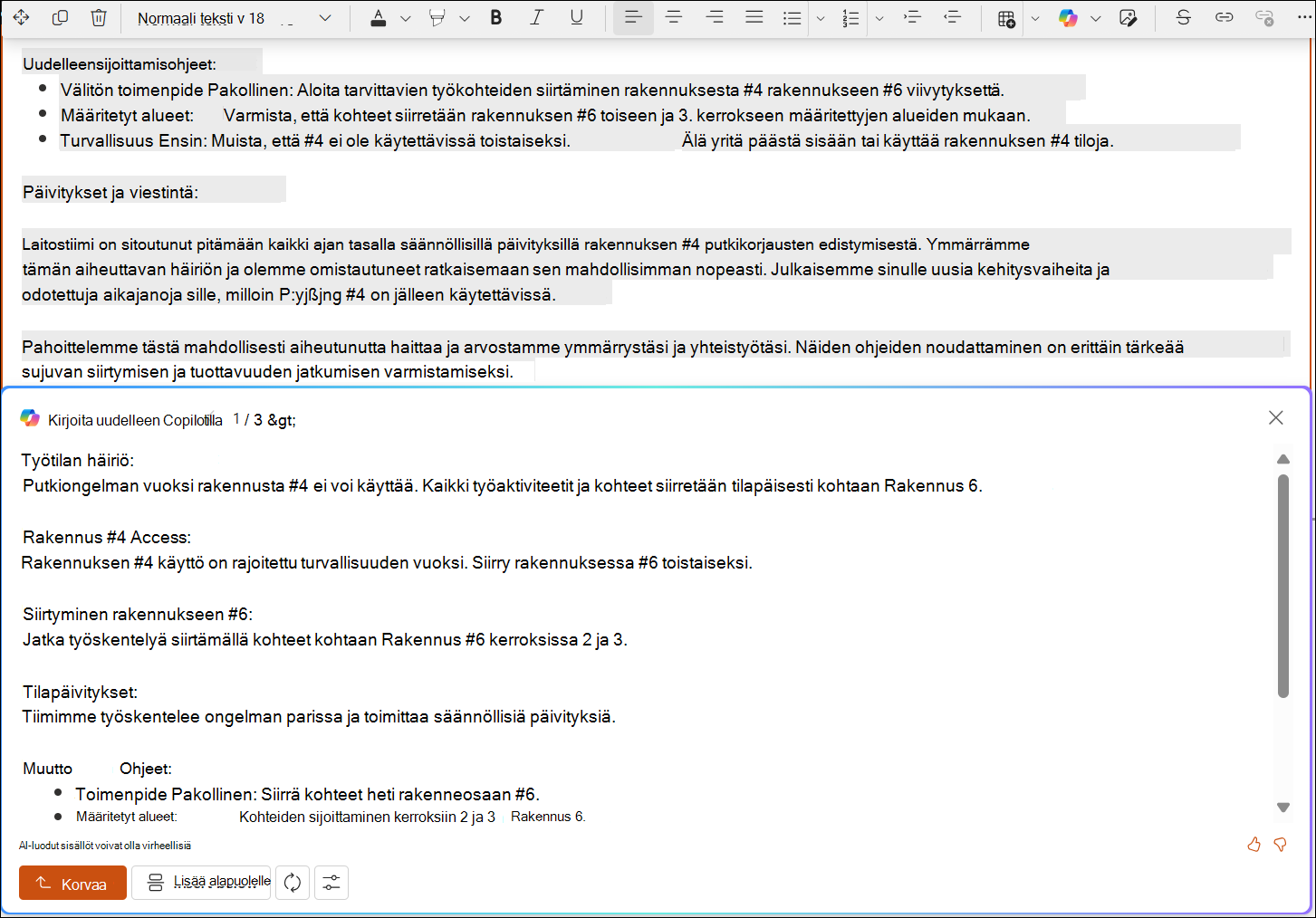 näyttökuva sharepointin ehdotetuista muokkauksista pitkälle tekstille.