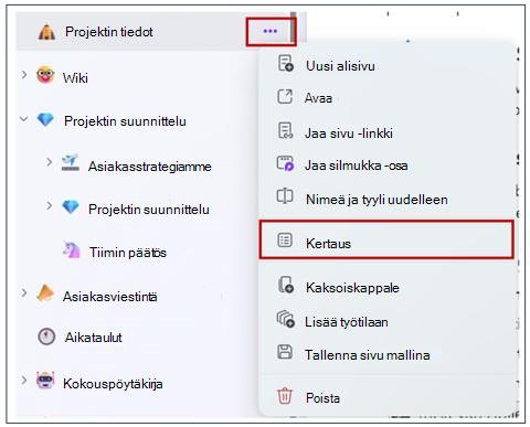 Yhteenvetopainike vasemmasta siirtymisvälilehdestä