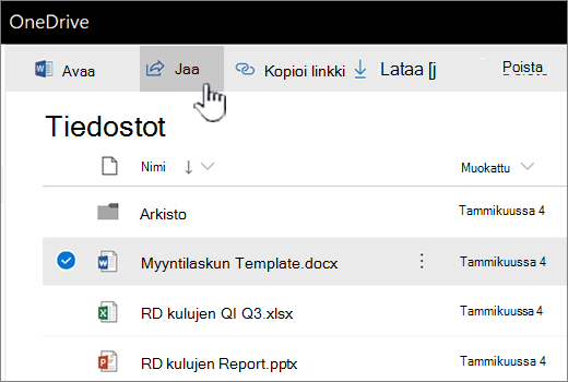 OneDrive, jossa tiedosto on valittuna ja Jaa-painike työnnetään