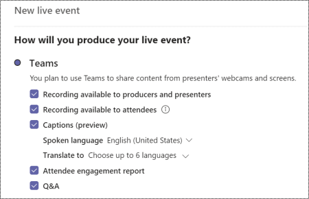 Valintaikkuna, jossa voit valita Teamsin live-tapahtuman QA-vaihtoehdon tapahtumaa ajoitettaessa.