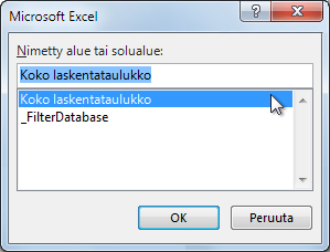 Microsoft Excel -valintaikkuna Wordissa