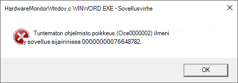 Virhe: HardwareMonitorWindow:WINWORD.EXE – Sovellusvirhe