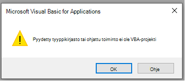 Näyttökuva virheestä Microsoft Visual Basic for Applications -ikkunassa
