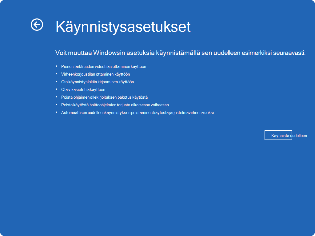 Näyttökuva Windows RE - käynnistysasetuksista.