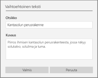 Vaihtoehtoisen tekstin valintaikkuna, jossa lisätään vaihtoehtoinen teksti OneNote for Windows 10:ssä.