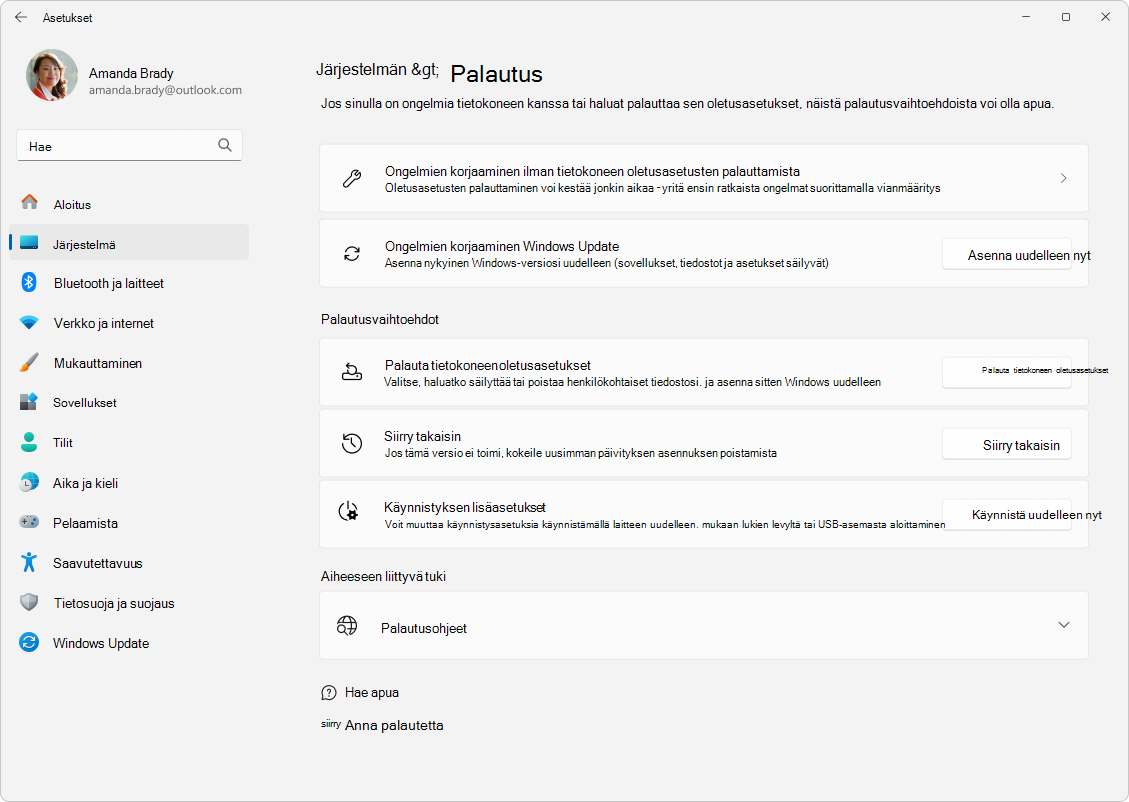 Näyttökuva asetuksista – Järjestelmä – palautus.