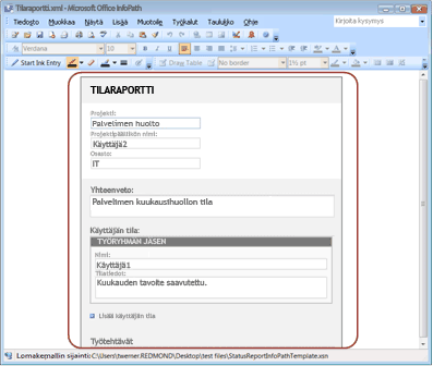 Office InfoPath 2007 -tilaraporttilomakemalli