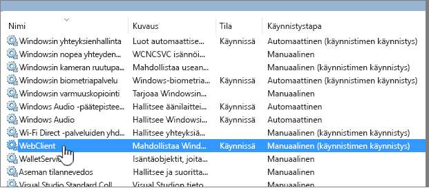 Services.msc, jossa WebClient-vaihtoehto näkyy korostettuna