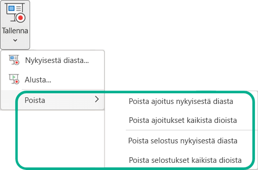 PowerPointin Tallenna diaesitys -valikkopainikkeen Tyhjennä-komennot.