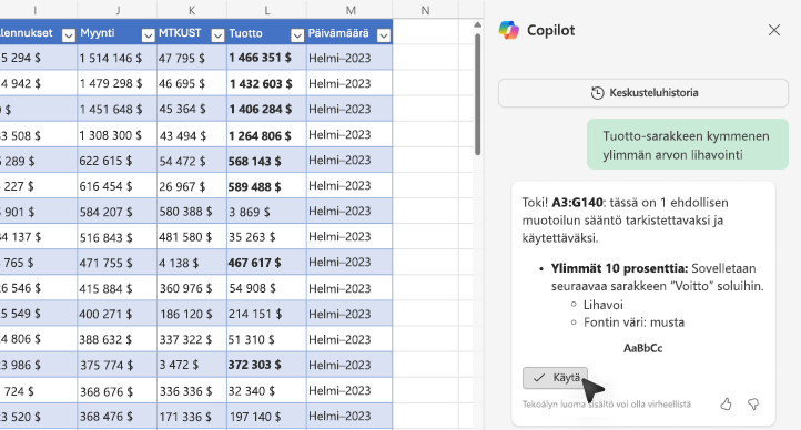Näyttökuva arvojen lihavoimisesta Copilotin avulla Excelissä.