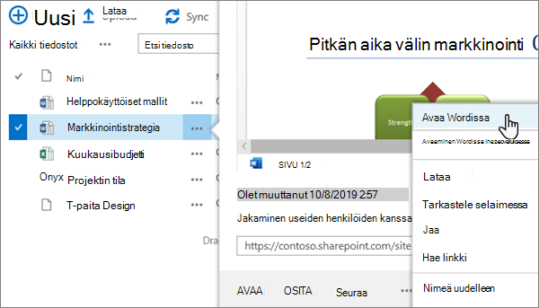Avaa > avaa sovelluksessa -valikkovaihtoehto valittuna Word-tiedostolle verkkoportaalin perinteisessä OneDrive näkymässä
