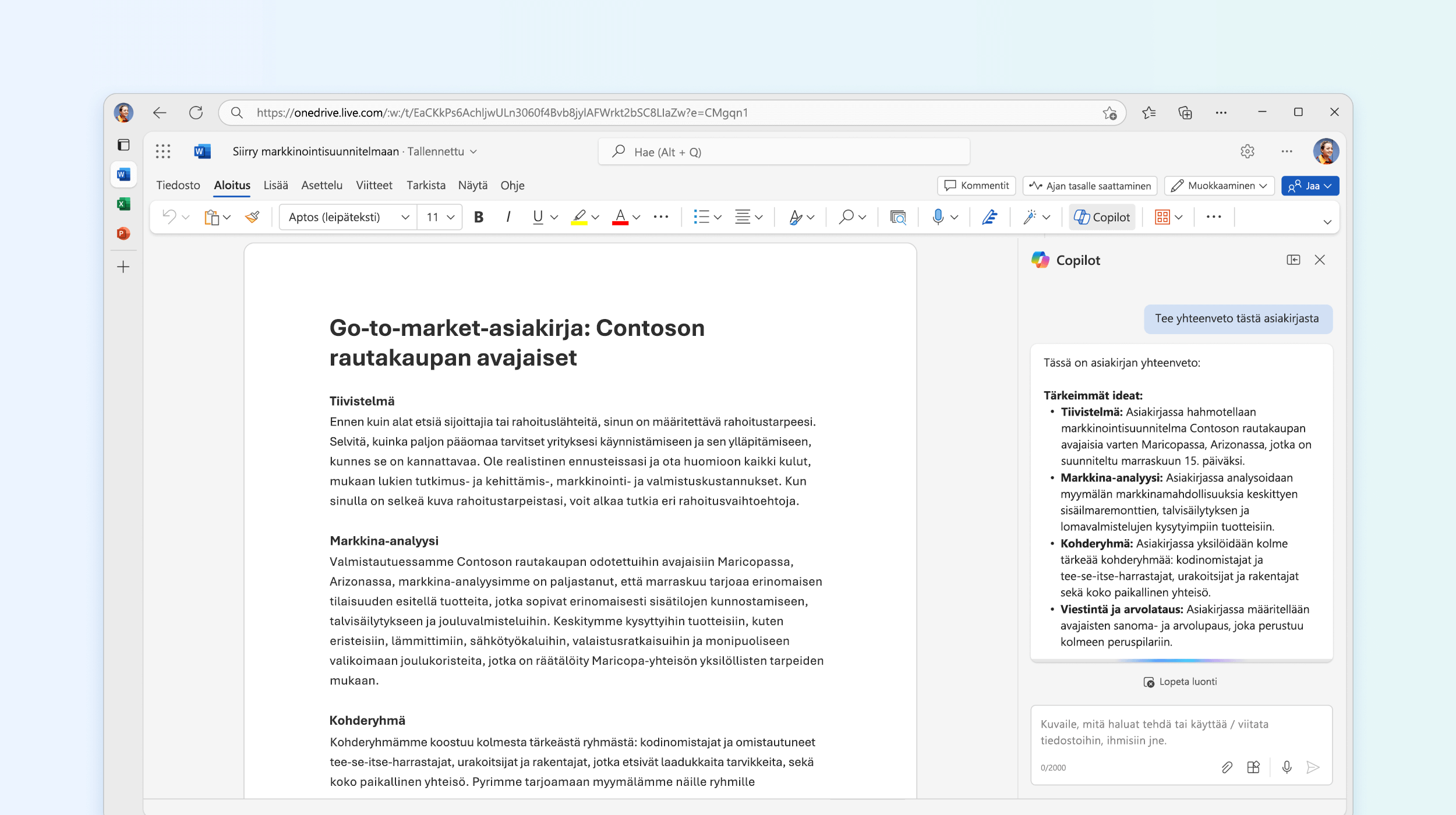 Näyttökuvassa näkyy Wordin Copilot, jossa on yhteenveto asiakirjasta.