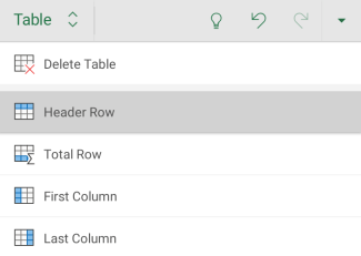 Otsikkoriviasetus valittuna Excel for Android taulukossa.