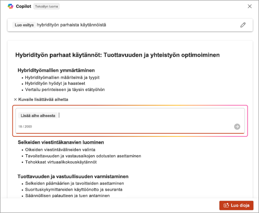 Tämä on näyttökuva paikasta, jossa annetaan kuvaus aiheelle, joka lisättiin PowerPoint Copilotia käytettäessä.