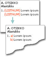 listnum-kentät, joita käytetään numerojen kanssa samalla rivillä olevien kirjainten luomiseen