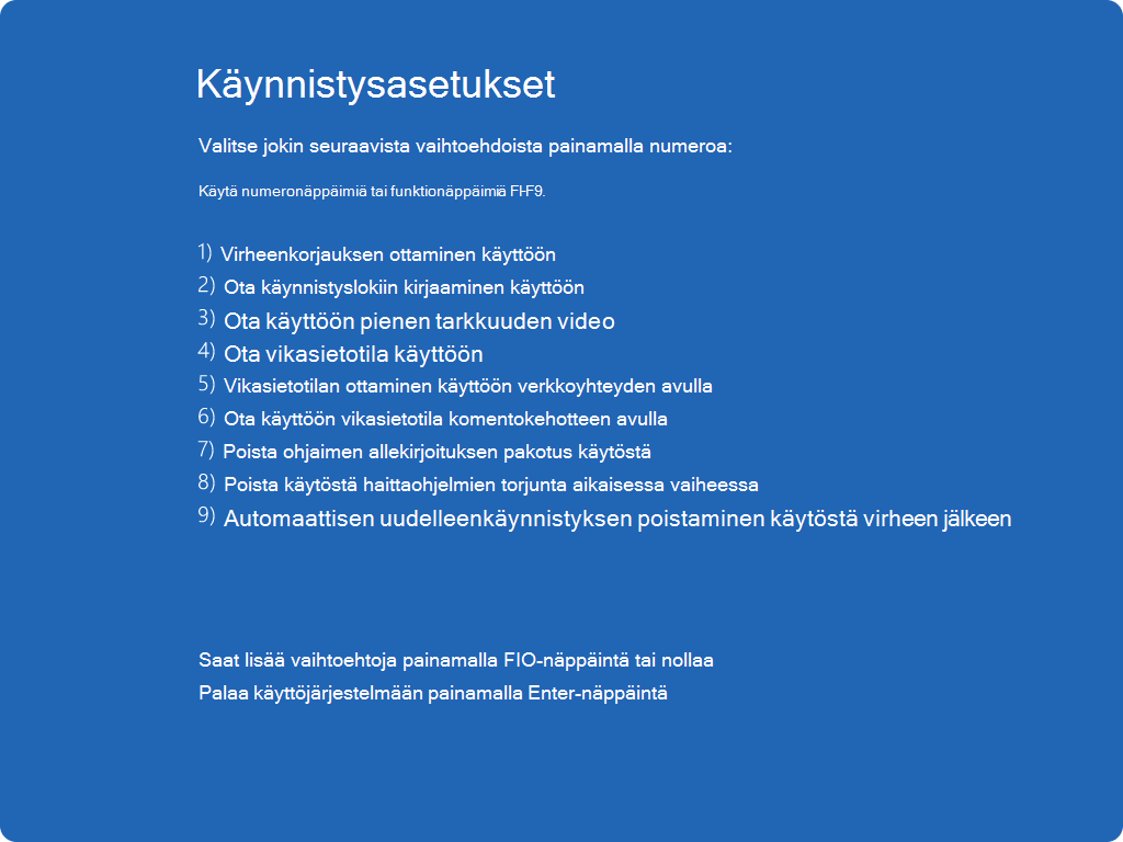 Näyttökuva käynnistysasetusten luettelosta.