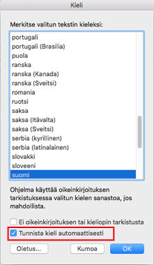 Outlook 2016 for Macin Tunnista kieli automaattisesti -asetus