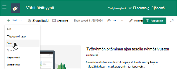 Näyttökuva uuden sivun lisäämisestä SharePoint Online -ryhmäsivustoon.