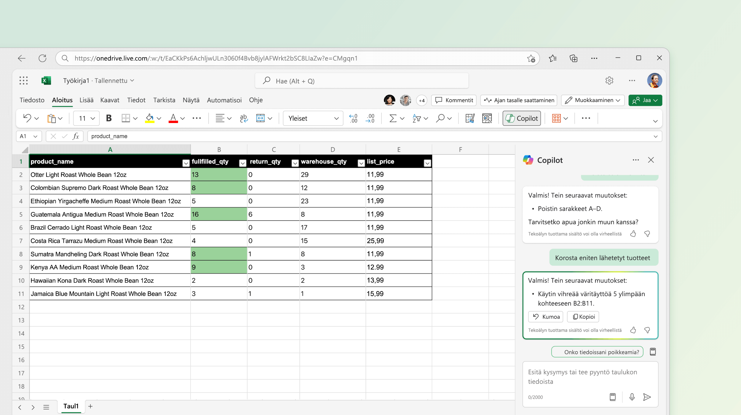 Näyttökuvassa Copilot Excelissä tekee muutoksia olemassa oleviin tietoihin.