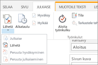 Julkaise-välilehden lähetys- ja julkaisupainikkeet muokkaustilassa.